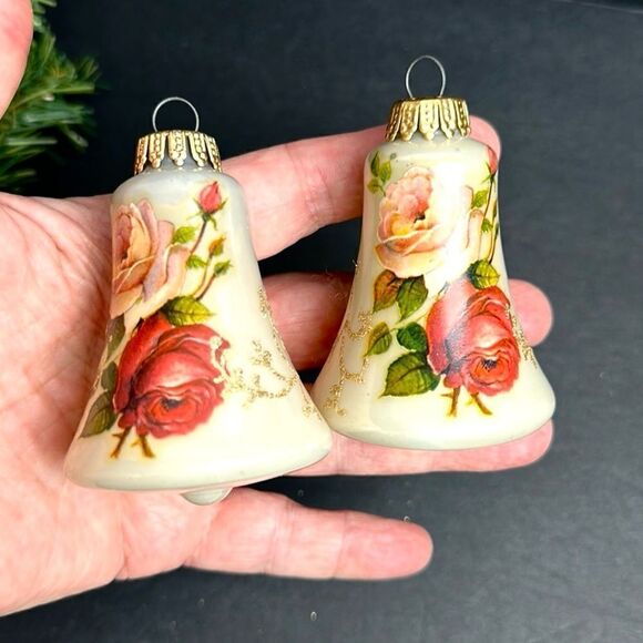 Two West Germany Christmas Bell Shaped Glass Ornaments Victorian Roses - Picture 3 of 11